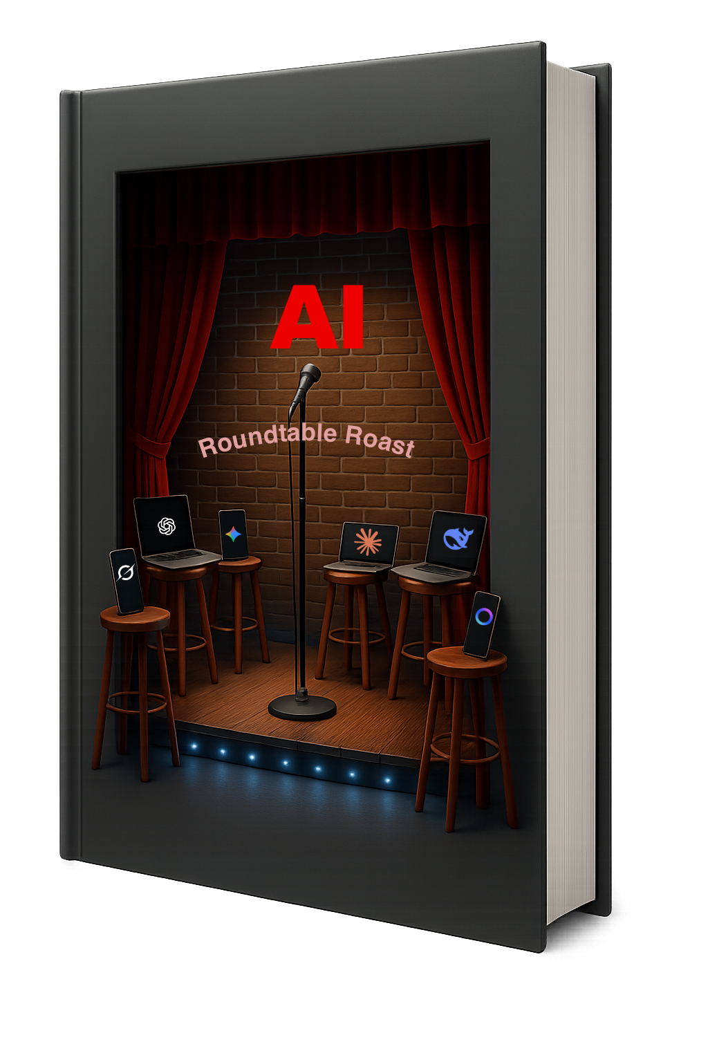 Human on the Other Side - Book Cover showing AI devices on comedy club barstools